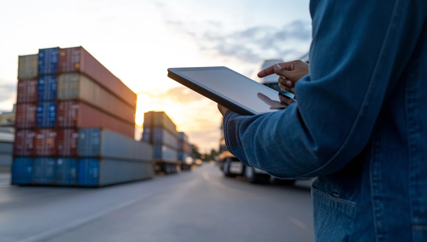 A logistics operator holding a tablet on a terminal roadway at dusk, stacked freight containers behind