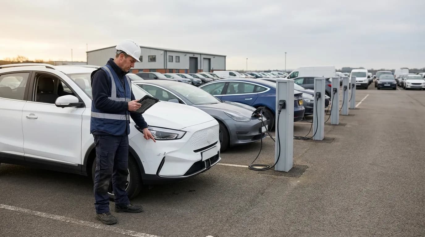 A yard inspector with a rugged tablet records a dent on a white electric SUV, beside a row of cars plugged into EV charging posts