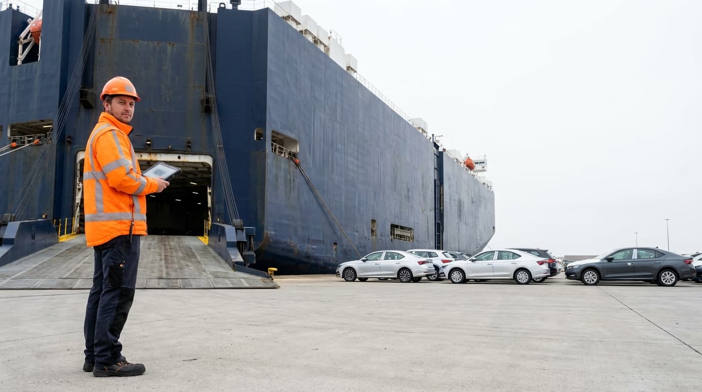 A terminal clerk with a handheld tablet on the quay beside a berthed vehicle carrier with its ramp down and cars waiting to load