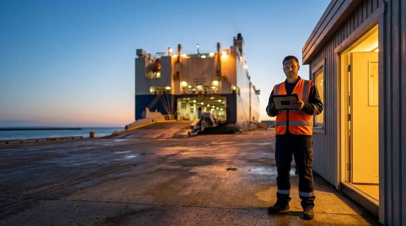 A documentation clerk outside a terminal office at dusk with a vehicle carrier berthed behind