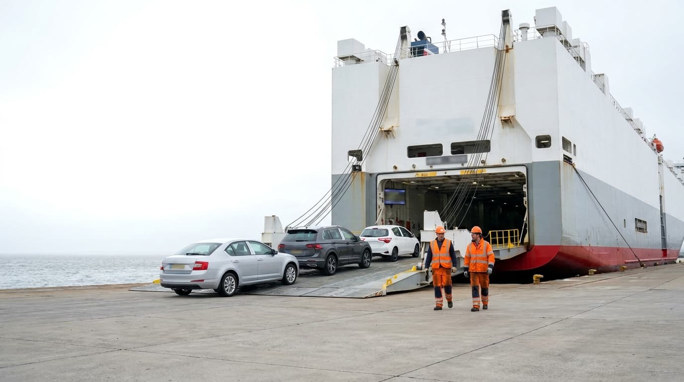 Cars being driven off the stern ramp of a vehicle carrier while stevedores walk alongside on the quay