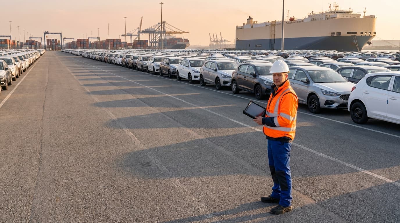 A terminal clerk with a handheld tablet walking rows of finished vehicles in a port yard at sunset
