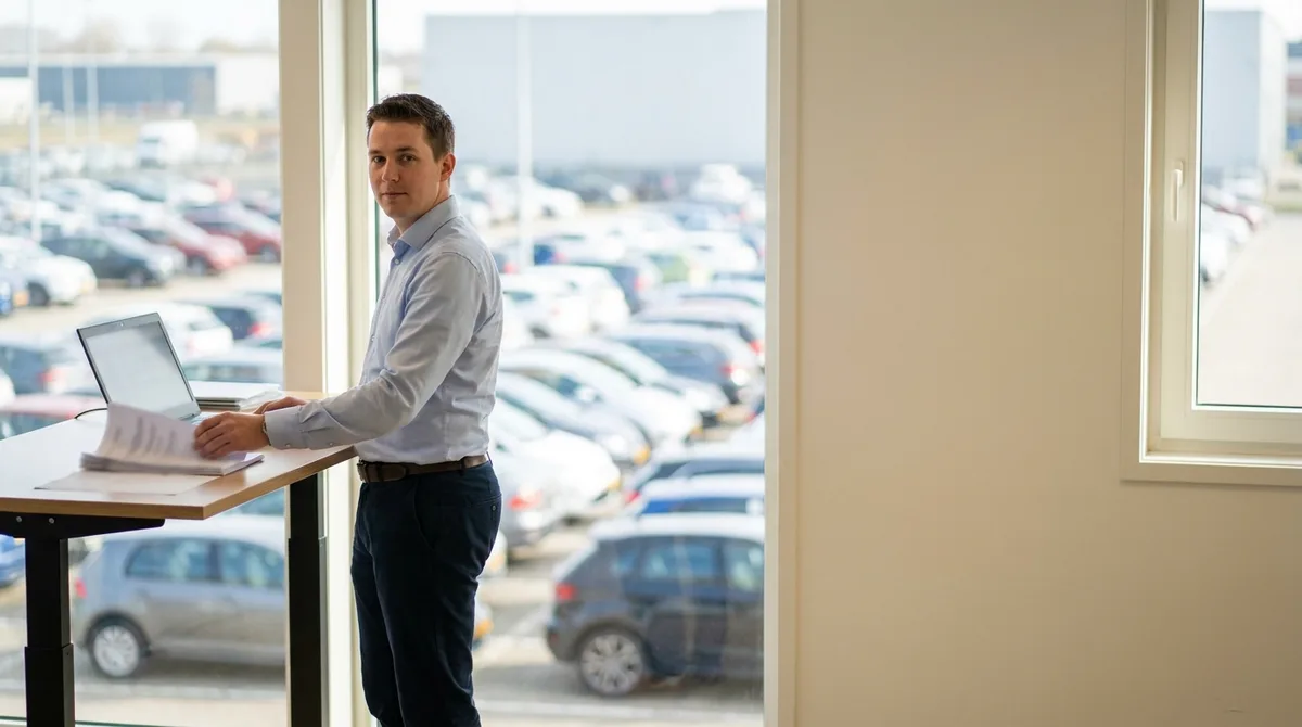 Transport office planner reviewing a road carrier's registration documents on a laptop