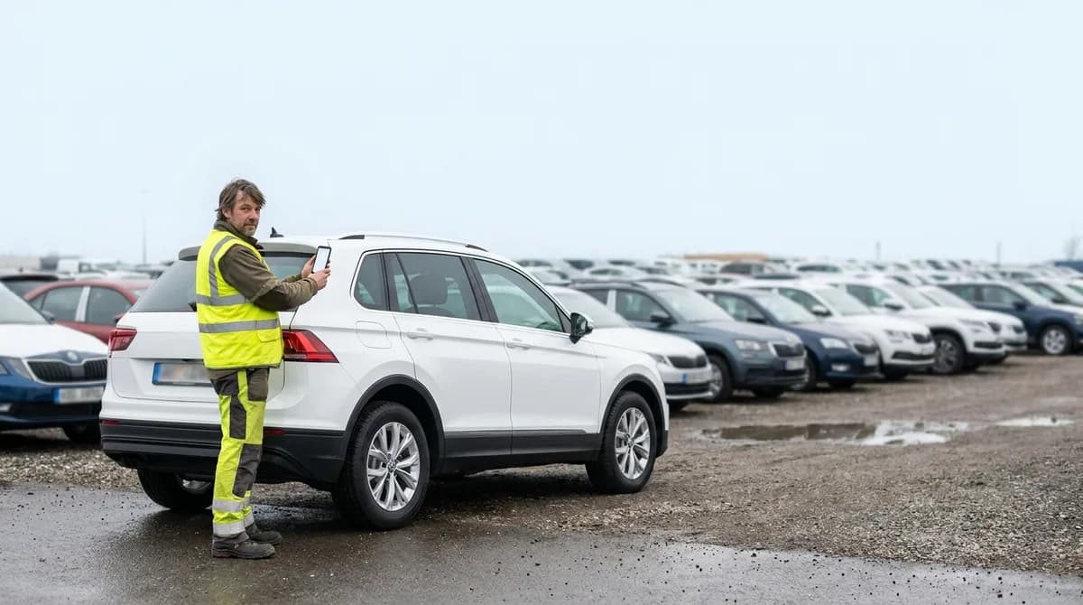 Truck driver photographing a new car's bodywork at a vehicle compound