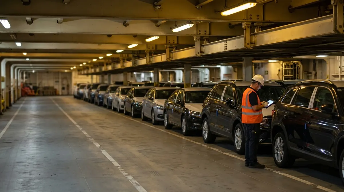 Loading supervisor reviewing cargo on a RoRo vehicle carrier deck