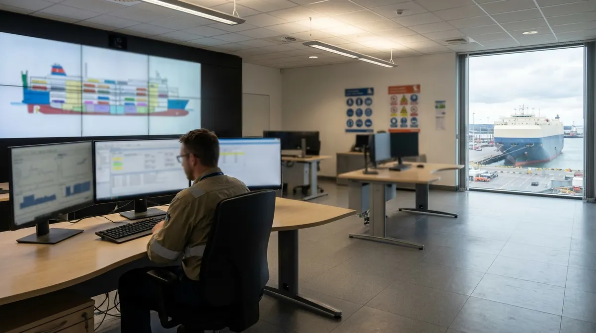 Stowage planner in port operations control room with vessel cross-section on screen