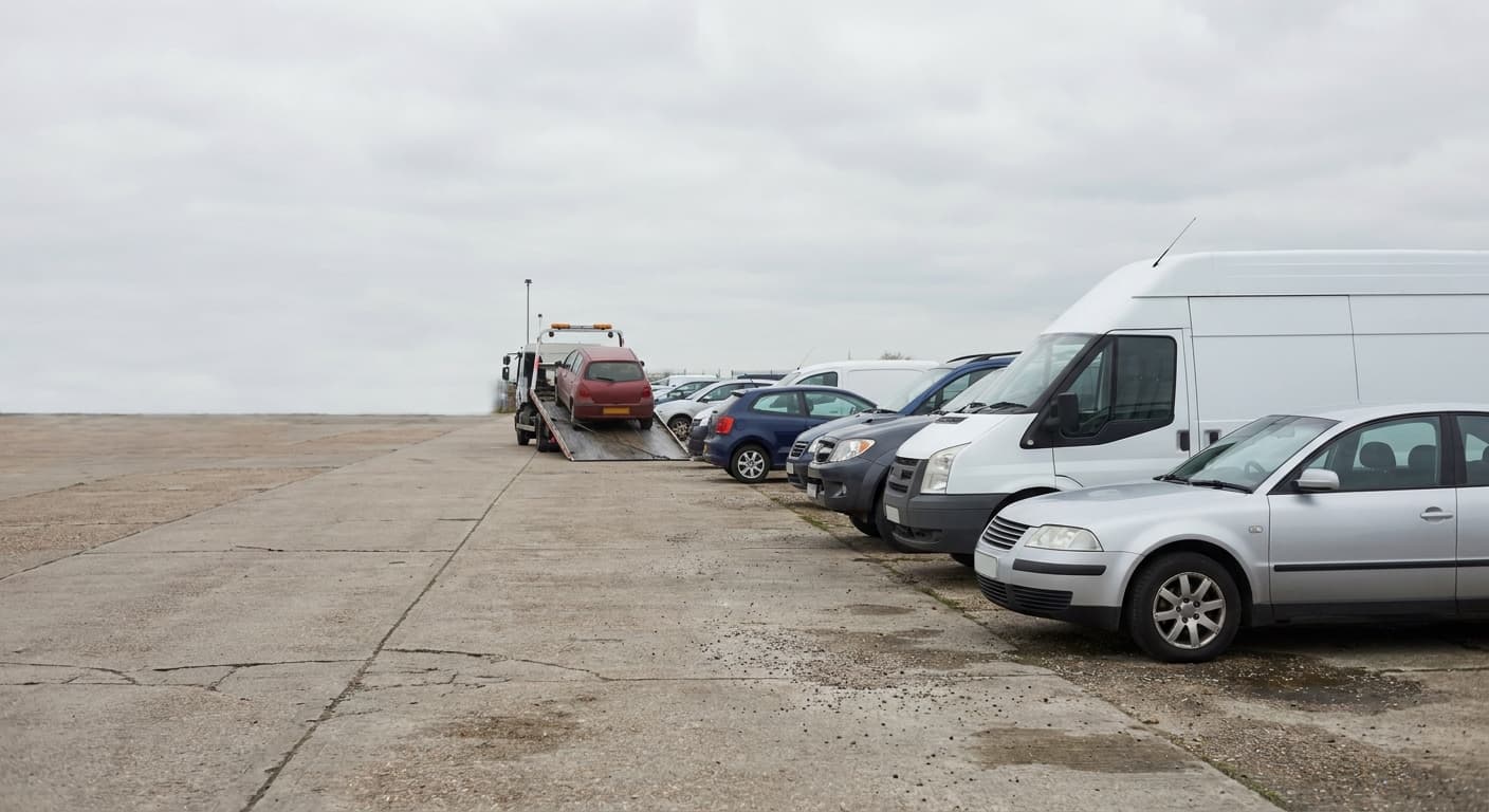 A mixed row of vehicles parked in a marshalling compound, a low saloon beside a high-roof panel van and an SUV, with a non-running hatchback being winched onto a flatbed recovery truck further down the lane