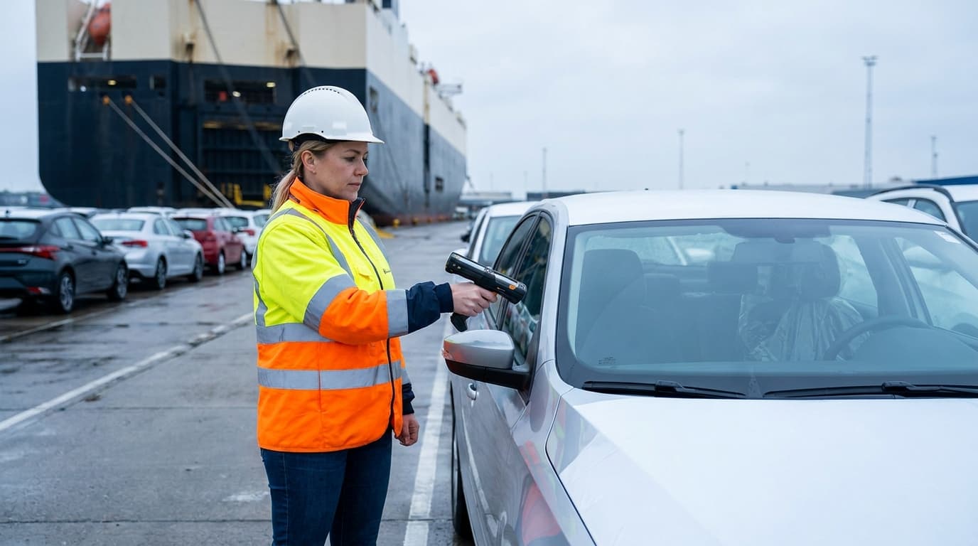 A terminal coordinator scanning a vehicle VIN with a handheld scanner beside rows of new cars and a berthed car-carrier vessel