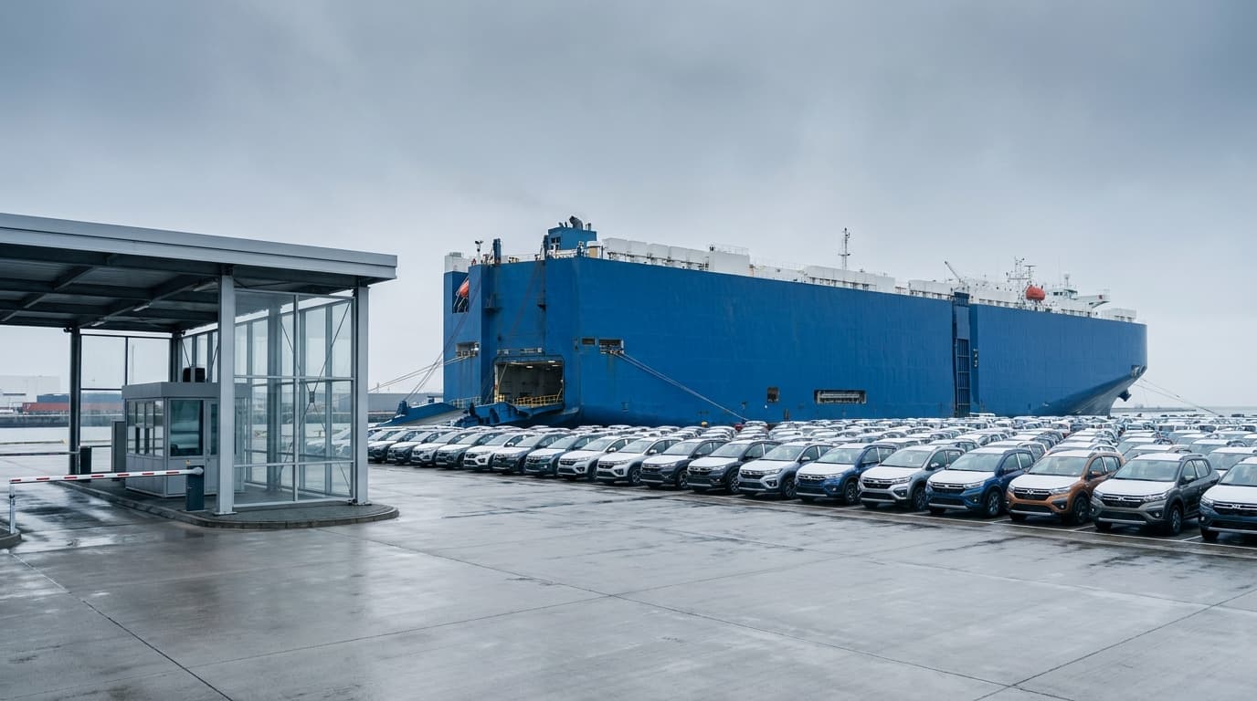 Rows of new finished vehicles staged on a European RoRo terminal quay beside a berthed car-carrier, with a customs gate checkpoint in the foreground