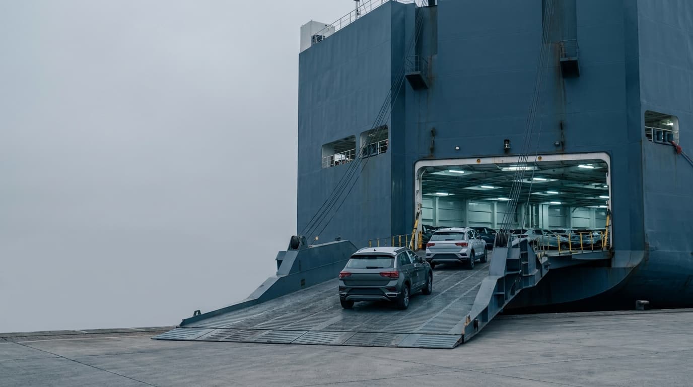 Two new cars being driven up the stern ramp of an ocean car carrier into its enclosed vehicle deck, where rows of vehicles are already stowed under deck lighting