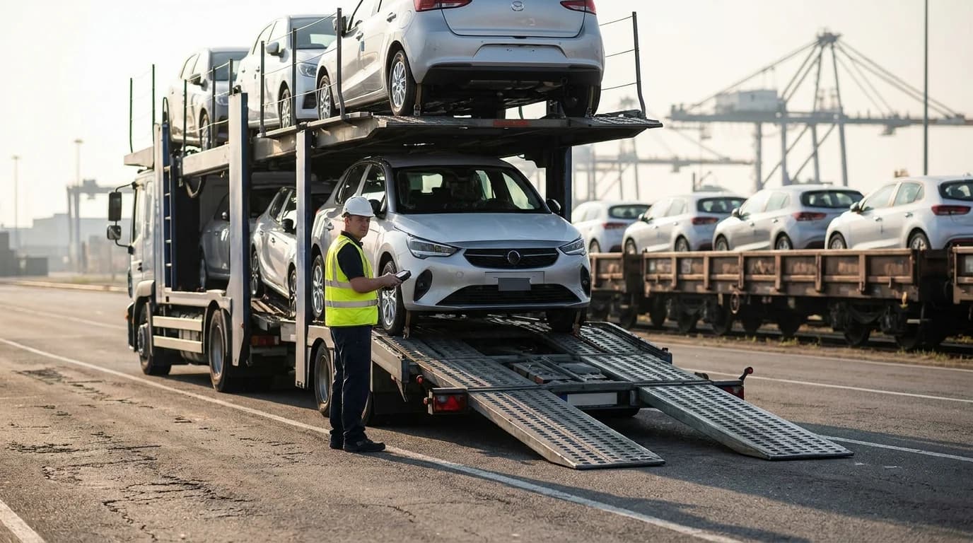 Car carrier truck loading new vehicles at a compound, with rail wagons and port cranes behind
