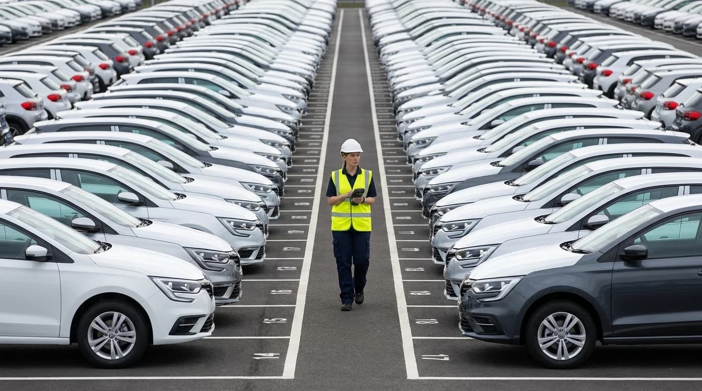 Yard operator with a handheld walking between rows of new cars in numbered parking bays
