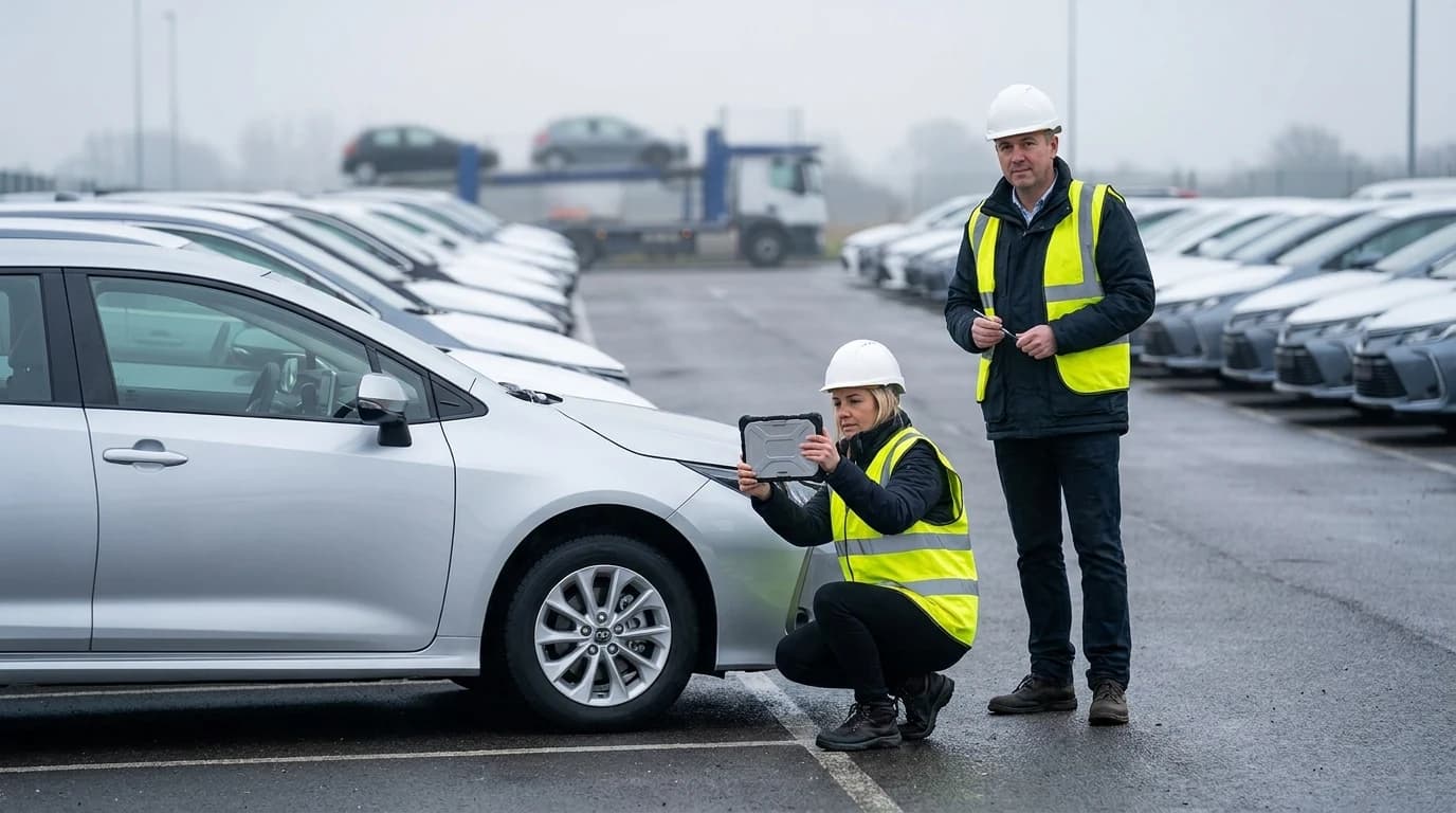 Inspector photographing a vehicle panel on a tablet while the truck driver waits to sign
