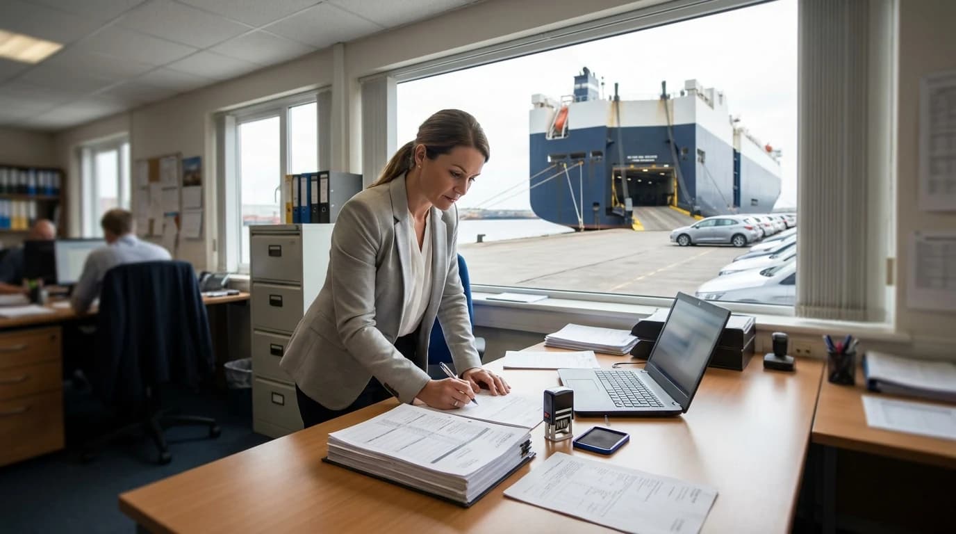 Documentation officer working through shipping paperwork beside a berthed RoRo vessel