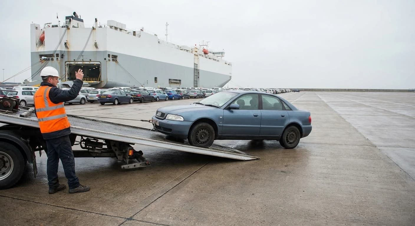 A terminal operator in a hi-vis vest directing a winch as a non-running saloon car is pulled onto the tilted flatbed of a recovery truck, with a RoRo car carrier at berth behind