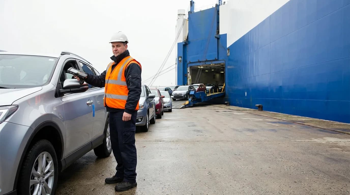 Stevedore scanning a vehicle VIN at the stern ramp before it is driven on board