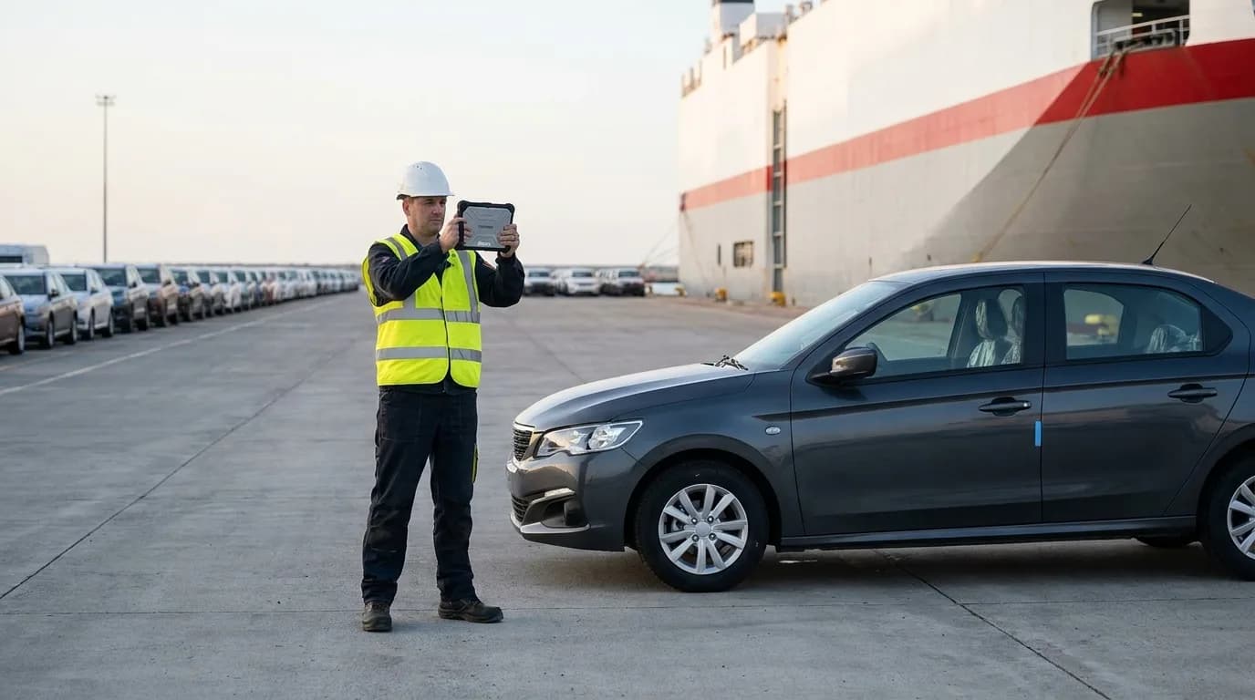 Stevedore photographing a new vehicle's condition on a handheld on the quay