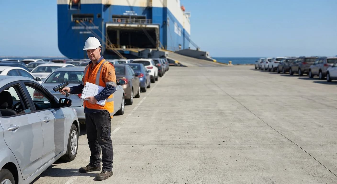 A terminal documentation clerk checks a vehicle identification plate against printed paperwork on the quay, with rows of cars and a RoRo vessel at berth behind him