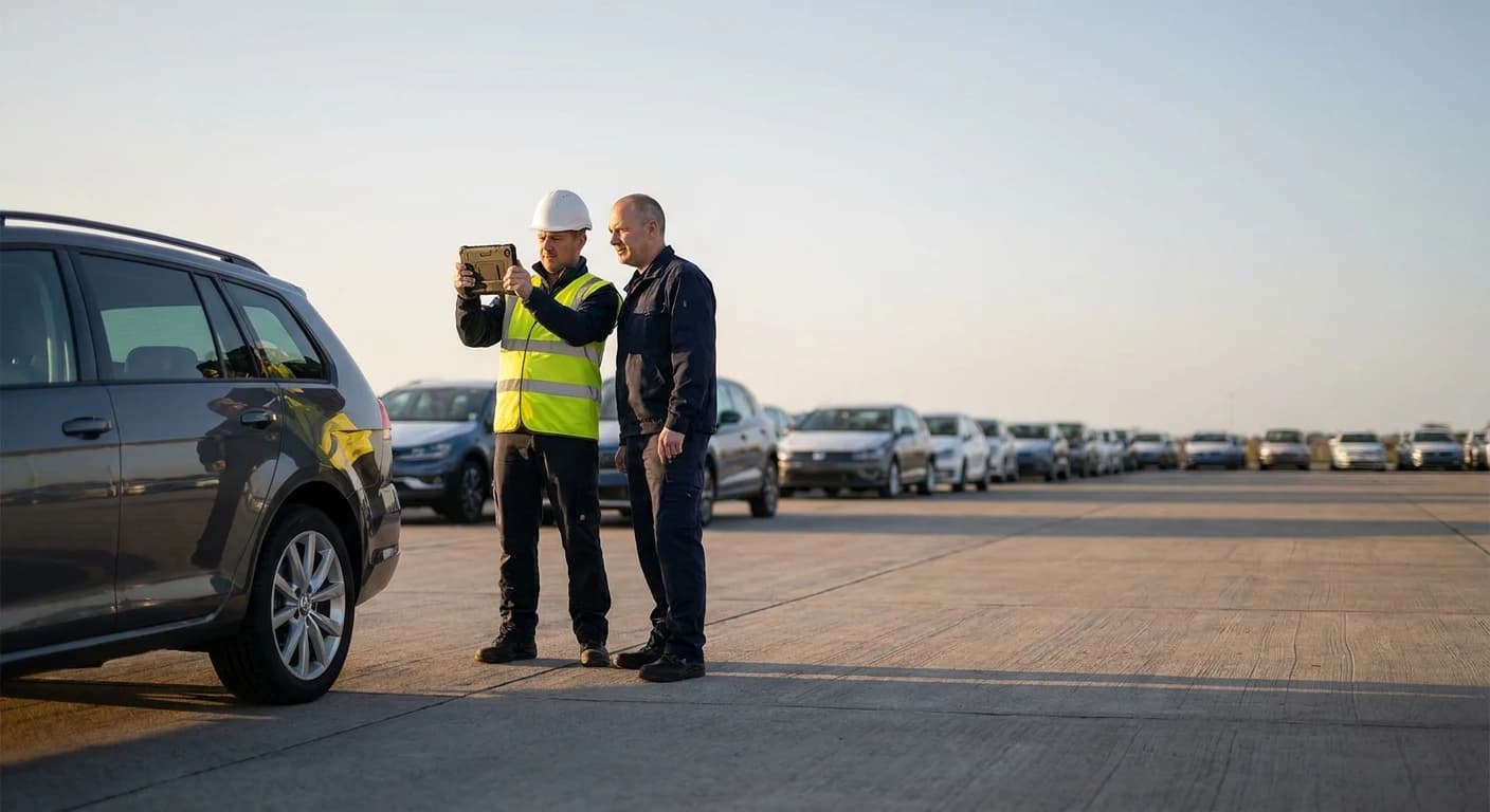 Two men on a terminal apron beside an estate car, one in a hi-vis vest photographing the rear wing with a rugged handheld tablet while the other looks on, with rows of parked cars behind them