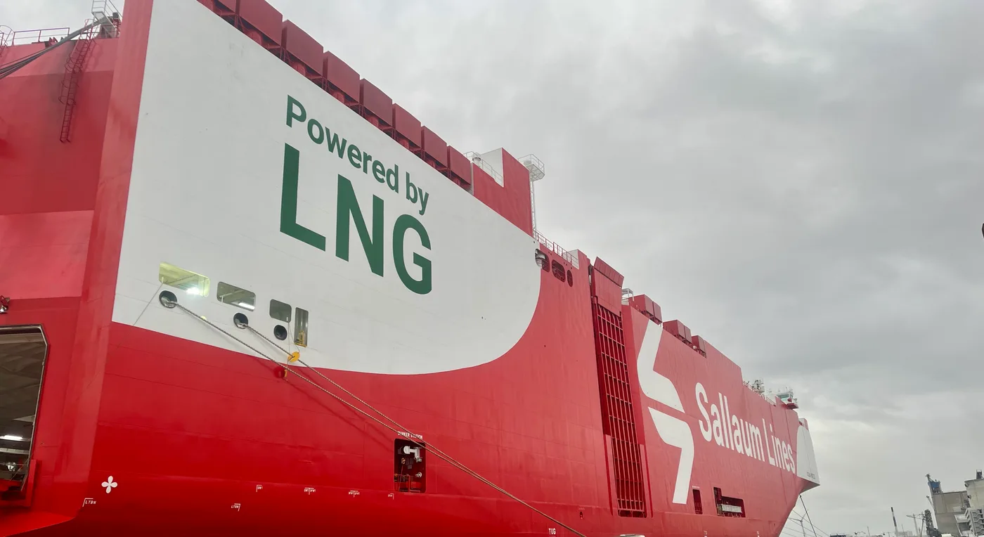 The Ocean Breeze RoRo vessel at berth with vehicles lined up on the quay